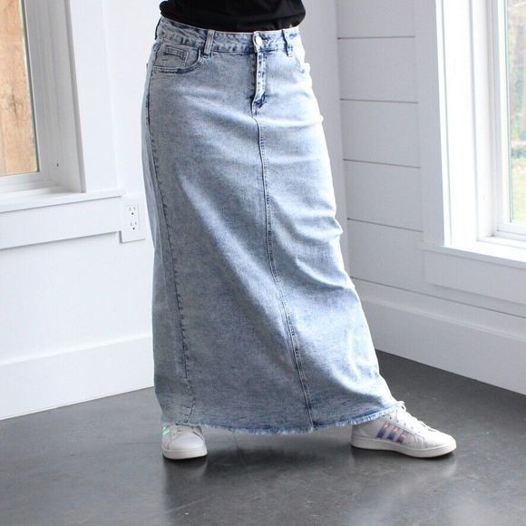 NWT Be-Girl Long Modest Acid Jean Skirt Sz Medium Sand Blush Maxi Stretch Denim - Picture 6 of 14